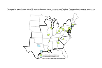 Changes in 2008 Ozone NAAQS Nonattainment Areas, 2008–2010 (Original Designations) versus 2019–2021
