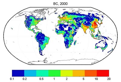 Map depicting global black carbon emissions in 2000