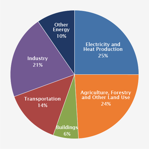 Pie chart that shows different sectors. 25 percent is from electricity and heat production; 14 percent is from transport; 6 percent is from residential and commercial buildings; 21 percent is from industry; 24 percent is from agriculture, forestry and other land use; and 10 percent is from other energy use.