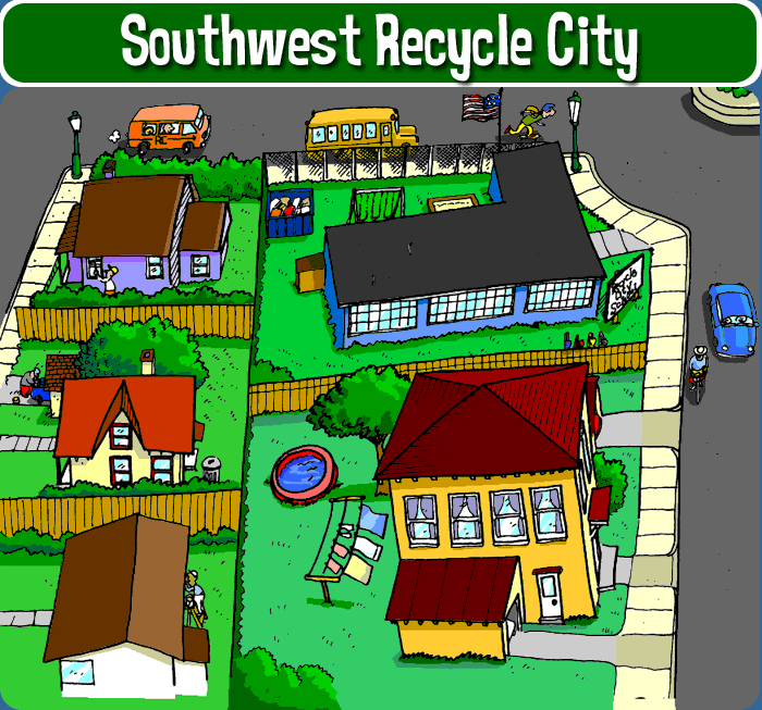 Southwest Recycle City displaying homes, a school, and an automobile