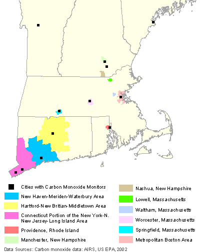 Map of Carbon Monoxide Maintenance Areas In New England