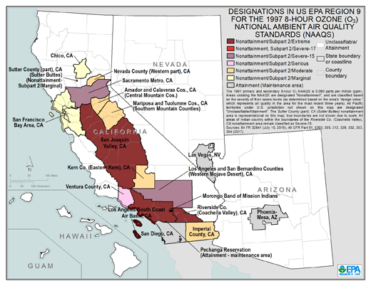 Map of Region 9 Ozone Attainment Designations for the 1997 8-hour Standard