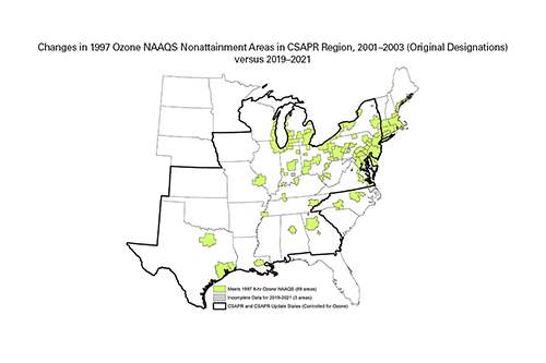 Changes in 1997 Ozone NAAQS Nonattainment Areas in CSAPR Region, 2001–2003 (Original Designations) versus 2019–2021