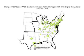 Changes in 1997 Ozone NAAQS Nonattainment Areas in the CSAPR Region, 2001–2003 (Original Designations) versus 2014-2016