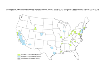 Changes in 2008 Ozone NAAQS Nonattainment Areas, 2008–2010 (Original Designations) versus 2014-2016