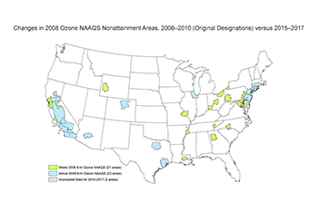 Changes in 2008 Ozone NAAQS Nonattainment Areas, 2008–2010 (Original Designations) versus 2015–2017
