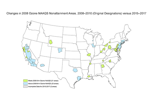 Changes in 2008 Ozone NAAQS Nonattainment Areas, 2008–2010 (Original Designations) versus 2015–2017