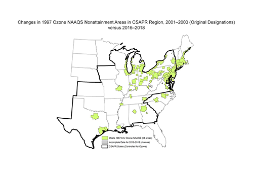 Changes in 1997 Ozone NAAQS Nonattainment Areas in CSAPR Region, 2001–2003 (Original Designations) versus 2016–2018