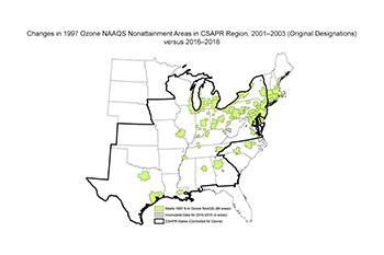 Changes in 1997 Ozone NAAQS Nonattainment Areas in CSAPR Region, 2001–2003 (Original Designations) versus 2016–2018