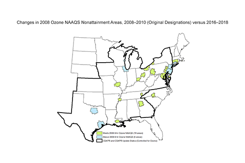 Changes in 2008 Ozone NAAQS Nonattainment Areas, 2008–2010 (Original Designations) versus 2016–2018