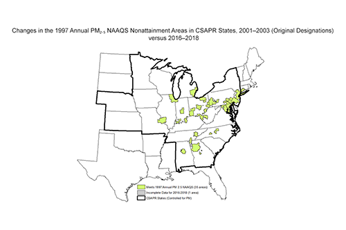 Changes in the 1997 Annual PM₂.₅ NAAQS Nonattainment Areas in CSAPR States, 2001–2003 (Original Designations) versus 2016–2018
