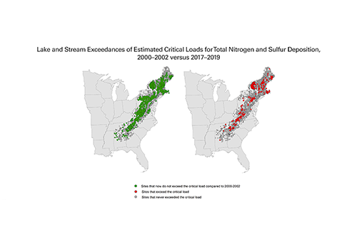 Lake and Stream Exceedances of Estimated Critical Loads for Total Nitrogen and Sulfur Deposition, 2000–2002 versus 2017–2019