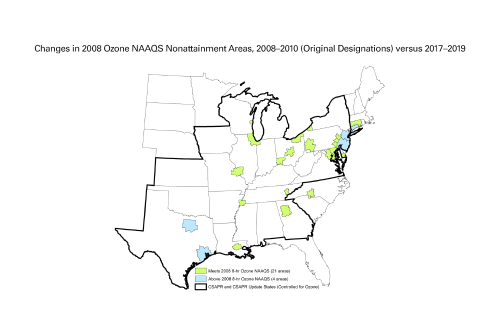 Changes in 2008 Ozone NAAQS Nonattainment Areas, 2008–2010 (Original Designations) versus 2016–2018