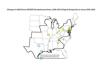 Changes in 2008 Ozone NAAQS Nonattainment Areas, 2008–2010 (Original Designations) versus 2018–2020