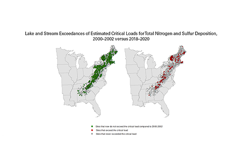 Lake and Stream Exceedances of Estimated Critical Loads for Total Nitrogen and Sulfur Deposition, 2000–2002 versus 2018–2020