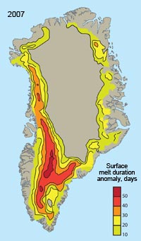 Map of Greenland showing surface melt duration anomaly days