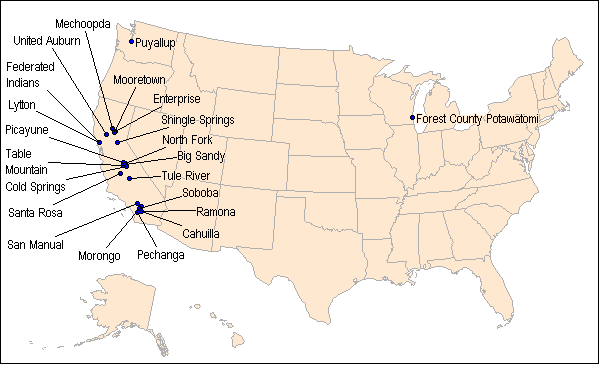 Map showing rough locations of tribes in nonattainment areas across the United States
