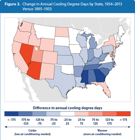 Map showing how the average number of cooling degree days per year has changed in each of the contiguous 48 states over time. The map was created by comparing two time periods: 1895–1953 and 1954–2013.