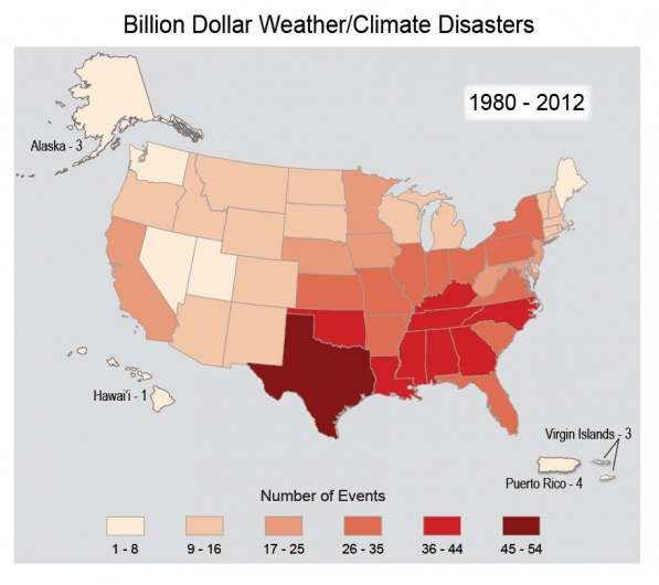 This map summarizes the number of times each state has been affected by weather and climate events over the past 30 years that have resulted in more than a billion dollars in damages. The Southeast has been affected by more billion-dollar disasters than any other region, with Texas having the most events (45-54). Oklahoma, Louisiana, Alabama, Mississippi, Georgia, Kentucky, Tennessee, and North Carolina have experienced 36-44 events.