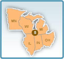 Map of Region 5: Illinois, Indiana, Michigan, Minnesota, Ohio, and Wisconsin