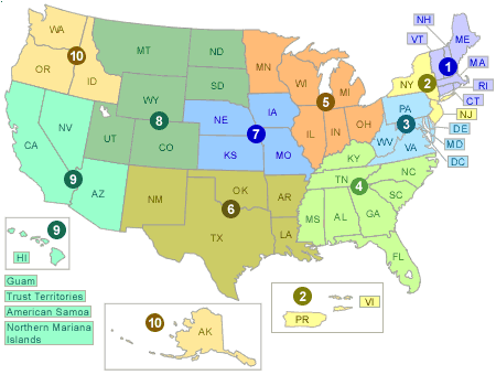 Map of the United States detailing EPAs 10 regions