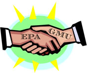 Handshake with one hand with text, "EPA" and the other "GMU", which stands for George Mason University, an institution of higher learning in Virginia