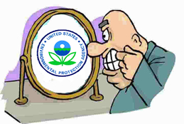 Person looking in a mirror and seeing reflection of EPA logo