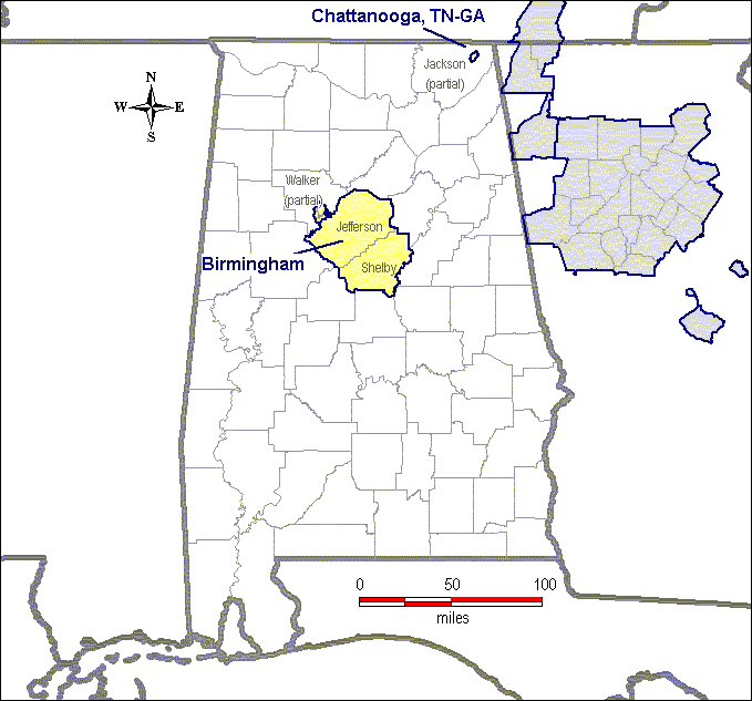 The map shows that part of Jackson County is within Chattanooga, TN-GA nonattainment area.  DeKalb County comprises the DeKalb County unclassifiable area.  Etowah County comprises the Gadsden unclassifiable area.  Jefferson, Shelby, and part of Walker Counties comprise the Birmingham nonattainment area.  Russell County is within the Columbus, GA-AL nonattainment area.  The remainder of the state has not been designated nonattainment.