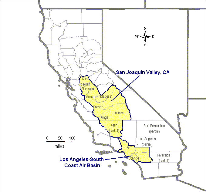 The map shows that San Diego County comprises the San Diego nonattainment area.  Orange County and western parts of Los Angeles, Riverside, and San Bernardino Counties comprise the Los Angeles-South Coast Air Basin nonattainment area.  Fresno, Kings, Madera, Merced, San Joaquin, Stanislaus, and Tulare Counties, as well as the western part of Kern County, comprise the San Joaquin Valley nonattainment area.  The remainder of the state has not been designated nonattainment.