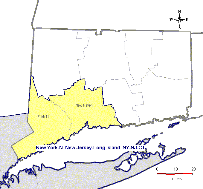 The map shows that Fairfield and New Haven Counties are within the New York nonattainment area.  The remainder of the state has not been designated nonattainment.