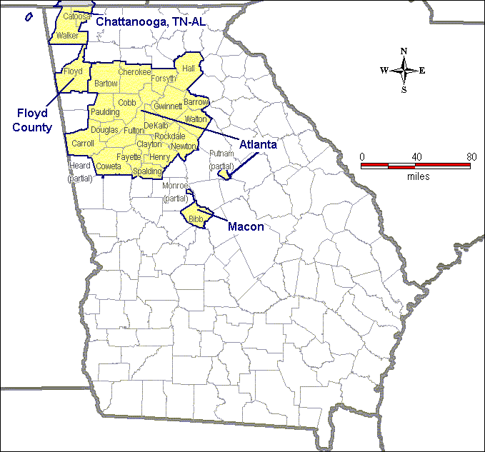 The map shows that Catoosa and Walker Counties are within the Chattanooga, TN-GA nonattainment area.  Floyd County comprises the Floyd County nonattainment area.  Barrow, Bartow, Carroll, Cherokee, Clayton, Cobb, Coweta, De Kalb, Douglas, Fayette, Forsyth, Fulton, Gwinnett, Hall, Henry, Newton, Paulding, Rockdale, Spalding, and Walton Counties, as well as parts of Heard and Putnam Counties, comprise the Atlanta nonattainment area.  Clarke County comprises the Athens nonattainment area.  Bibb County and part of Monroe County comprise the Macon nonattainment area.  Muscogee County is within the Columbus, GA-AL nonattainment area.  The remainder of the state has not been designated nonattainment.
