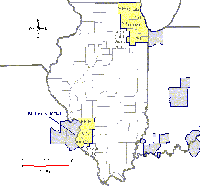 The map shows that Madison, Monroe, and St. Clair Counties, as well as part of Randolph County, are within the Saint Louis, MO-IL nonattainment area.  Cook, Du Page, Kane, Lake, McHenry, and Will Counties, as well as parts of Grundy and Kendall Counties, are within the Chicago-Gary-Lake County, IL-IN nonattainment area.  The remainder of the state has not been designated nonattainment.