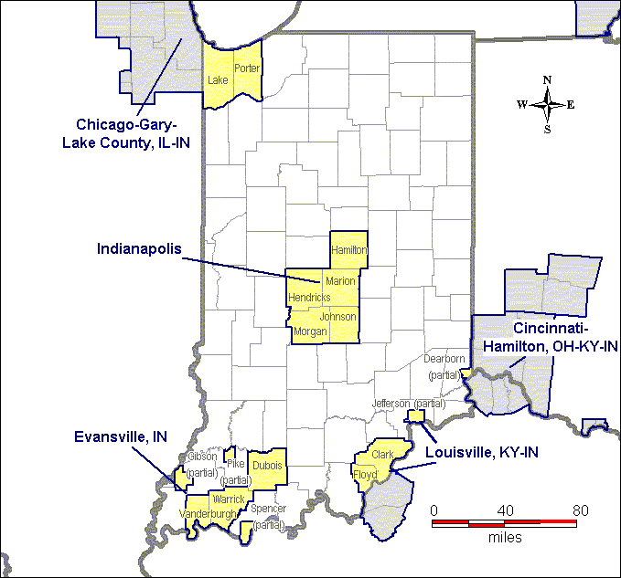 The map shows that Lake and Porter Counties are within the Chicago-Gary-Lake County, IL-IN nonattainment area.  Elkhart and St. Joseph Counties comprise the Elkhart nonattainment area.  Delaware County comprises the Muncie unclassifiable area.  Hamilton, Hendricks, Johnson, Marion, and Morgan Counties comprise the Indianapolis nonattainment area.  Part of Dearborn County is within the Cincinnati-Hamilton, OH-KY-IN nonattainment area.  Clark and Floyd Counties, as well as part of Jefferson County, are within the Louisville, KY-IN nonattainment area.  Dubois, Vanderburgh, and Warrick Counties, as well as parts of Gibson, Pike, and Spencer Counties, comprise the Evansville nonattainment area.  The remainder of the state has not been designated nonattainment.