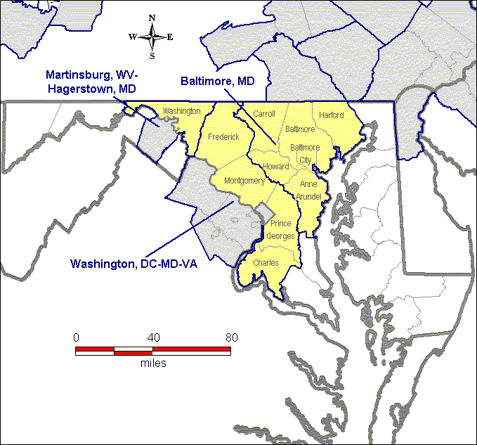 The map shows that Washington County is within the Martinsburg, WV-Hagerstown, MD nonattainment area.  Anne Arundel, Baltimore, Carroll, Harford, and Howard Counties, as well as Baltimore City, comprise the Baltimore nonattainment area.  Charles, Frederick, Montgomery, and Prince Georges Counties are within the Washington nonattainment area.  The remainder of the state has not been designated nonattainment.