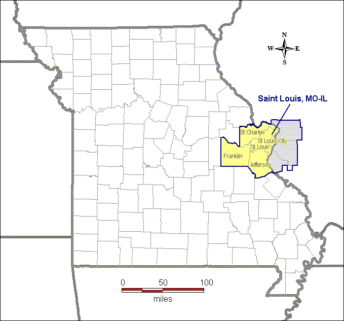 The map shows that Franklin, Jefferson, St. Charles, and St. Louis Counties, as well as St. Louis City are within the Saint Louis, MO-IL nonattainment area.  The remainder of the state has not been designated nonattainment.