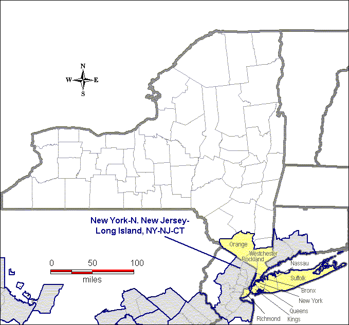 The map shows that Bronx, Kings, Nassau, New York, Orange, Queens, Richmond, Rockland, Suffolk, and Westchester Counties are within the New York-N. New Jersey-Long Island, NY-NJ-CT nonattainment area.  The remainder of the state has not been designated nonattainment.