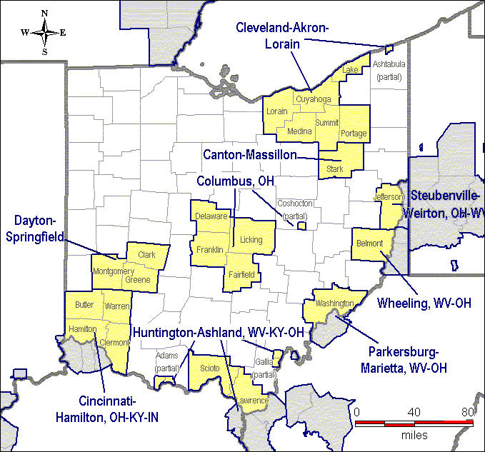 The map shows that Lucas and Wood Counties comprise the Toledo nonattainment area.  Clark, Greene, and Montgomery Counties comprise the Dayton-Springfield nonattainment area.  Butler, Clermont, Hamilton, and Warren Counties are within the Cincinnati-Hamilton, OH-KY-IN nonattainment area.  Lawrence and Scioto Counties, as well as parts of Adams and Gallia Counties, are within the Huntington-Ashland, WV-KY-OH nonattainment area.  Delaware, Fairfield, Franklin, and Licking Counties, as well as part of Coshocton County, comprise the Columbus, OH nonattainment area.  Washington County is within the Parkersburg-Marietta, WV-OH nonattainment area.  Belmont County is within the Wheeling, WV-OH nonattainment area.  Jefferson County is within the Steubenville-Weirton, OH-WV nonattainment area.  Stark County comprises the Canton-Massillon nonattainment area.  Columbiana, Mahoning, and Trumbull Counties are within the Youngstown-Warren-Sharon, OH-PA nonattainment area.  Cuyahoga, Lake, Lorain, Medina, Portage, and Summit Counties, as well as part of Ashtabula County, comprise the Cleveland-Akron-Lorain nonattainment area.  The remainder of the state has not been designated nonattainment.