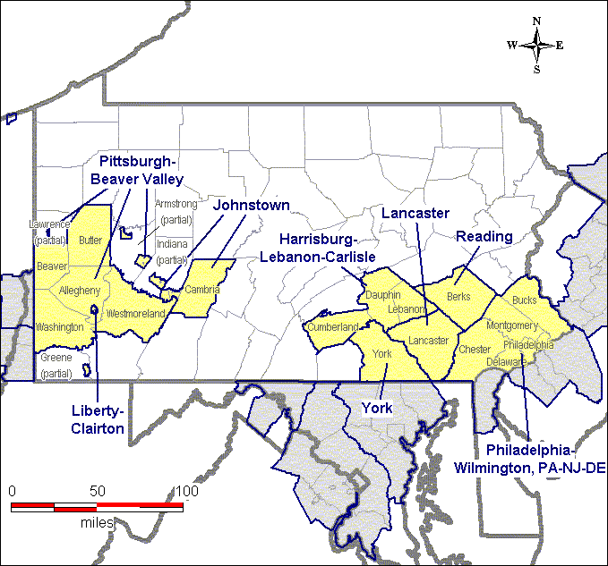 The map shows that Mercer County is within the Youngstown-Warren-Sharon, OH-PA nonattainment area.  Beaver, Butler, Washington, and Westmoreland Counties, as well as parts of Allegheny, Armstrong, Greene, and Lawrence Counties, comprise the Pittsburgh-Beaver Valley, PA nonattainment area.  The Liberty-Clairton nonattainment area lies entirely in part of Allegheny County.  Cambria County, as well as parts of Indiana County, comprise the Johnstown nonattainment area.  Cumberland, Dauphin, and Lebanon Counties comprise the Harrisburg-Lebanon-Carlisle nonattainment area.  York County comprises the York nonattainment area.  Lancaster County comprises the Lancaster nonattainment area.  Berks County comprises the Reading nonattainment area.  Bucks, Chester, Delaware, Montgomery, and Philadelphia Counties are within the Philadelphia-Wilmington, PA-NJ-DE nonattainment area.  The remainder of the state has not been designated nonattainment.