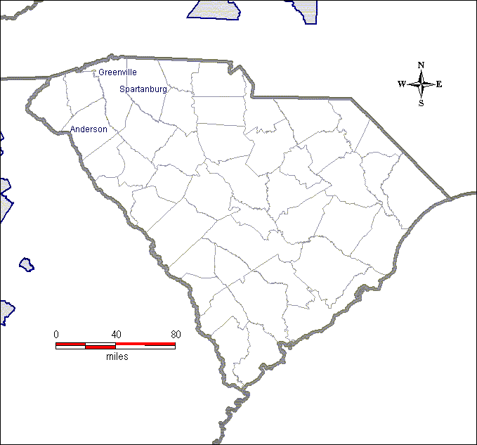 The map shows that Anderson, Greenville, and Spartanburg Counties comprise the Greenville-Spartanburg unclassifiable area.  The remainder of the state has not been designated nonattainment.
