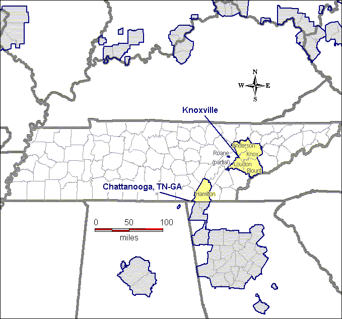 The map shows that Hamilton County is within the Chattanooga, TN-GA nonattainment area.  Anderson, Blount, Knox, Loudon, and Sevier Counties, as well as part of Roane County, are within the Knoxville nonattainment area.  McMinn County has been designated unclassifiable.  The remainder of the state has not been designated nonattainment.