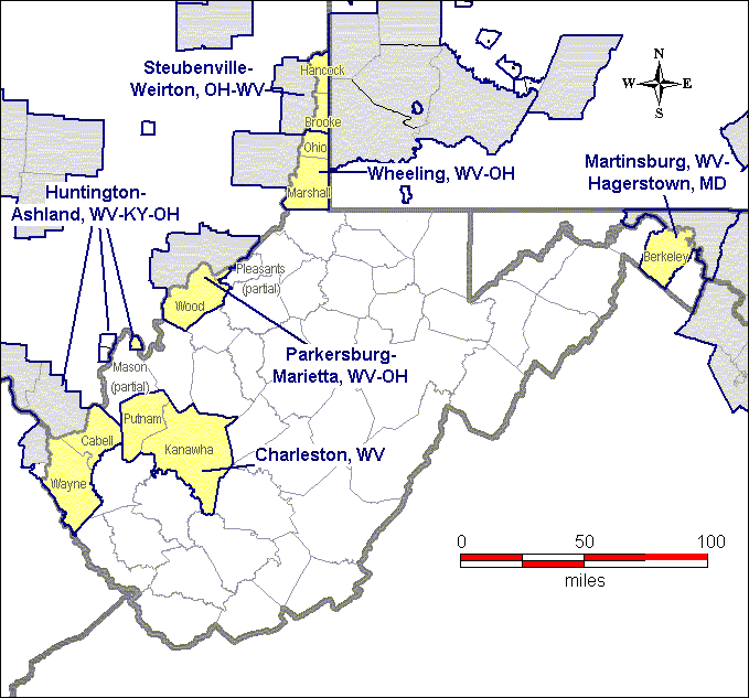 The map shows that Berkeley County is within the Martinsburg, WV-Hagerstown, MD nonattainment area.  Hancock and Brooke Counties are within the Steubenville-Weirton, OH-WV nonattainment area.  Ohio and Marshall Counties are within the Wheeling, WV-OH nonattainment area.  Wood County and part of Pleasants County are within the Parkersburg-Marietta, WV-OH nonattainment area.  Putnam and Kanawha Counties comprise the Charleston nonattainment area.  Cabell and Wayne Counties, as well as part of Mason County, are within the Huntington-Ashland, WV-KY-OH nonattainment area.  The remainder of the state has not been designated nonattainment.