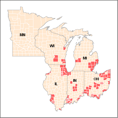 Map showing counties intended for PM2.5 non-attainment August 19, 2008