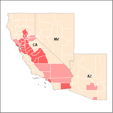 Map showing counties intended for PM2.5 non-attainment August 19, 2008