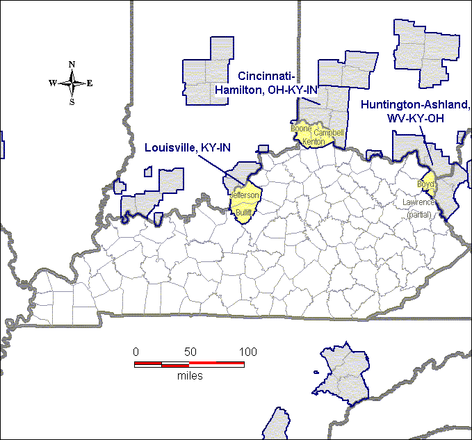 The map shows that Bullitt and Jefferson Counties are within the Louisville, KY-IN nonattainment area.  Boone, Campbell, and Kenton Counties are within the Cincinnati-Hamilton, OH-KY-IN nonattainment area.  Fayette County, as well as part of Mercer County, comprise the Lexington nonattainment area.  Boyd and part of Lawrence Counties are within the Huntington-Ashland, WV-KY-OH nonattainment area.  The remainder of the state has not been designated nonattainment.