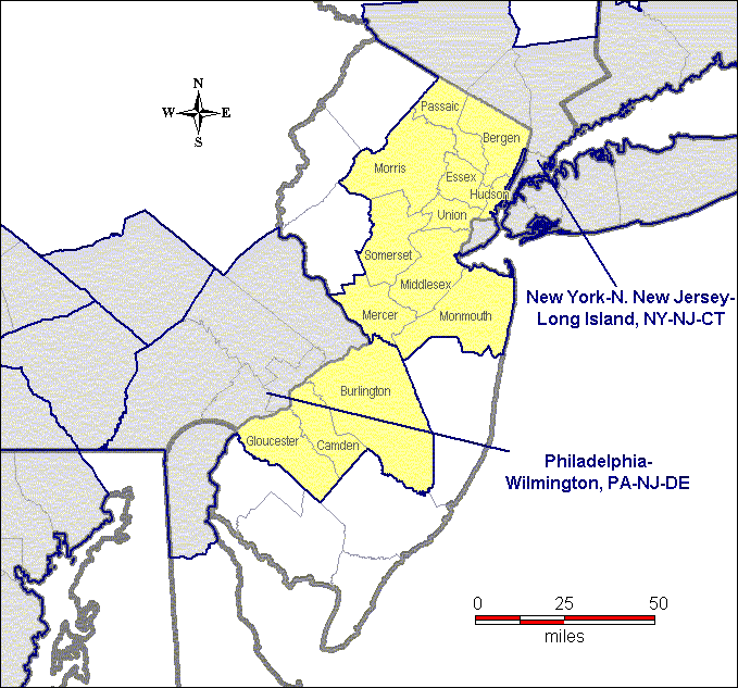 The map shows that Burlington, Camden, and Gloucester Counties are within the Philadelphia-Wilmington, PA-NJ-DE nonattainment area.  Bergen, Essex, Hudson, Mercer, Middlesex, Monmouth, Morris, Passaic, Somerset, and Union Counties are within the New York-N. New Jersey-Long Island, NY-NJ-CT nonattainment area.  The remainder of the state has not been designated nonattainment.