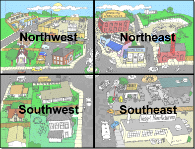 Map showing four parts: northwest, northeast, southwest and southeast