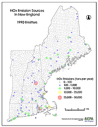 NOx Emission Sources in New England 1990 Emitters. Click for a  more detailed image.
