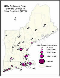 NOx Emission from Electric utilities in New England (1999). Click for a  larger image.