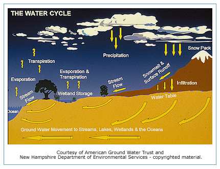 Diagram of a cross-section showing ground water and its ability to feed wells and streams and lakes.