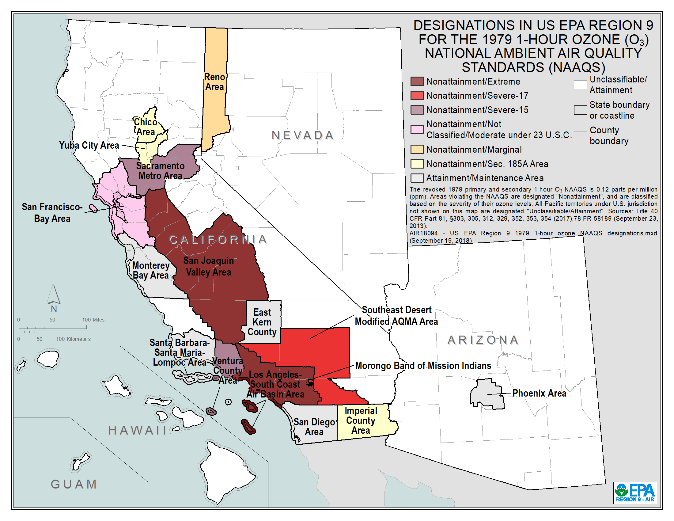 Ozone (1-hour Standard), Maps, Air Quality Analysis | Pacific Southwest | US EPA